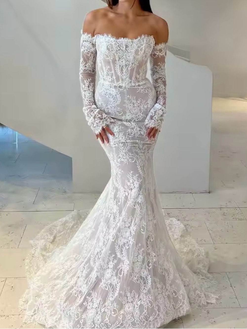 Off-Shoulder Ivory Lace Mermaid Wedding Dress with train